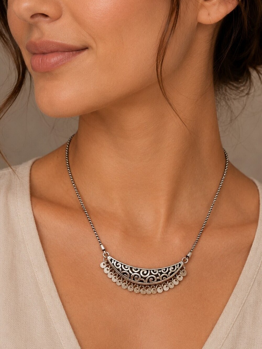 BRIGHTON Deco Dangle Ethnic Silver Plated Crescent Necklace